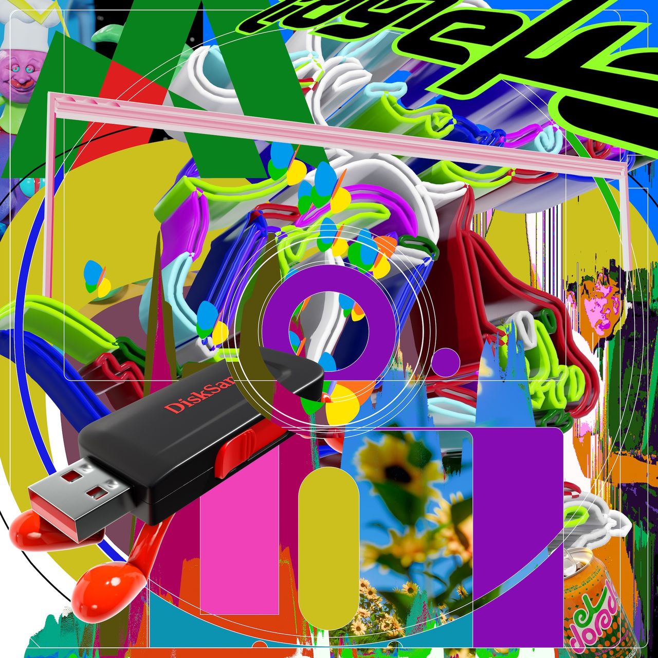 Cover art for Blue Shadow by The Avalanches featuring a colorful 3D abstract collage with a USB flash drive.